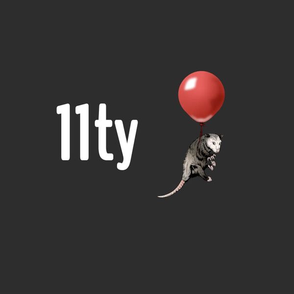 Eleventy possum floating under a red balloon